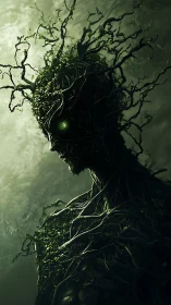 Tree-like humanoid figure with glowing green eye profile