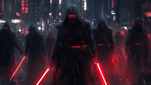 Hooded warriors stride through neon rain with glowing blades.