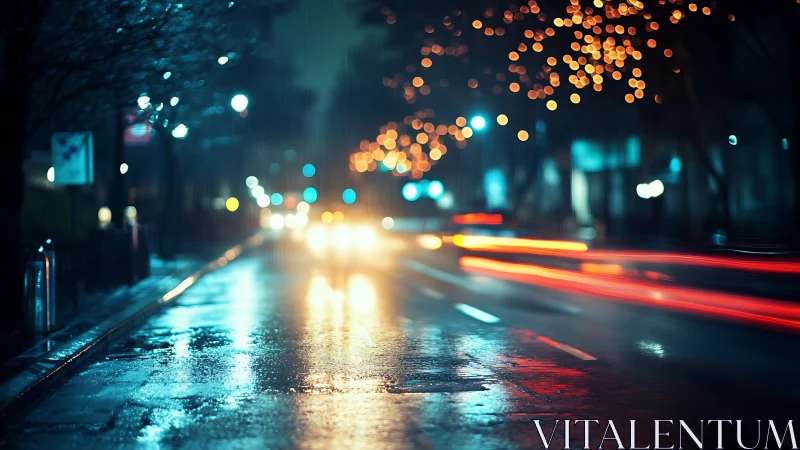 Rain-soaked boulevard with neon bokeh light trails at night.
