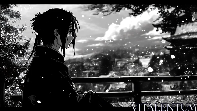 Quiet anime figure rests on a balcony watching soft snowfall