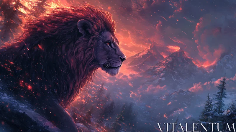 Majestic firelit lion overlooking storm-swept mountains.