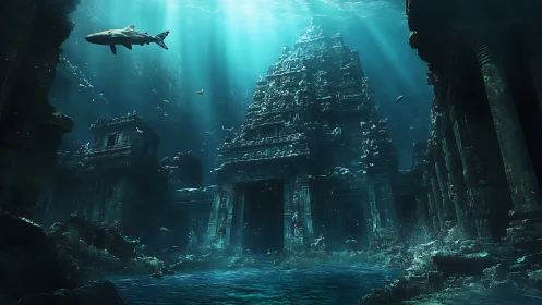 Submerged temple complex with pyramid tower and reef wildlife
