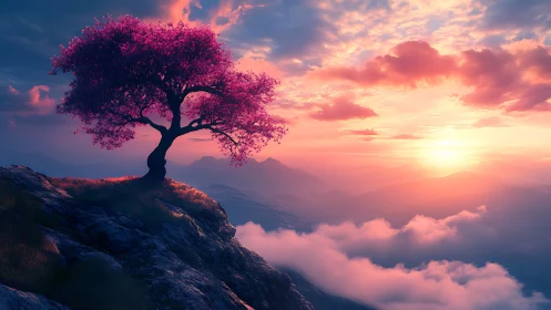 Solitary pink tree stands on rocky cliff above cloud layer