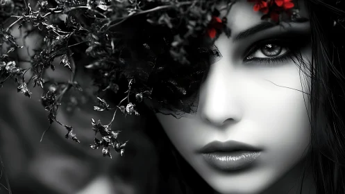 Mystic gaze beneath dark florals and quiet crimson sparks.