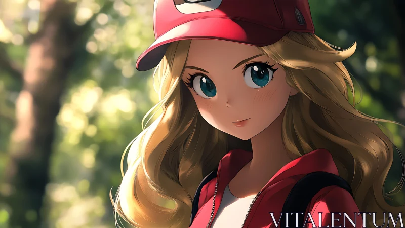Blonde anime hiker in red cap under sunlit forest bokeh.