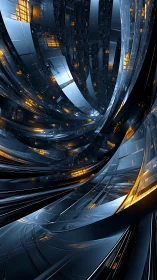 Curved metallic data conduits with amber-lit circuit nodes