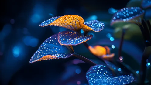 Bioluminescent leaves with crystalline dewdrops in nocturnal blue setting