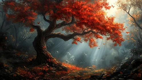 Autumnal red maple tree with god rays in misted forest glade