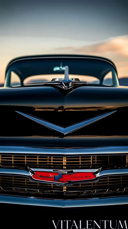 Iconic classic Chevrolet grille under golden sunset light.