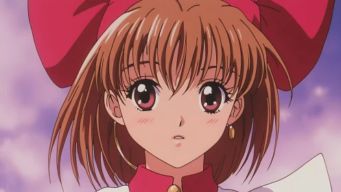 Anime heroine portrait with pink bow and pastel sky backdrop.