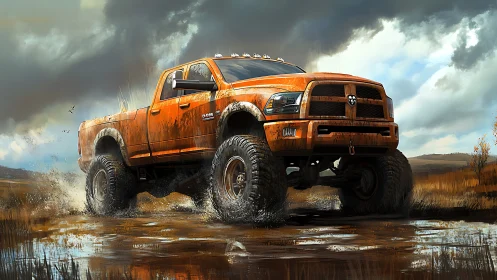 Lifted orange off-road truck powers through muddy terrain.