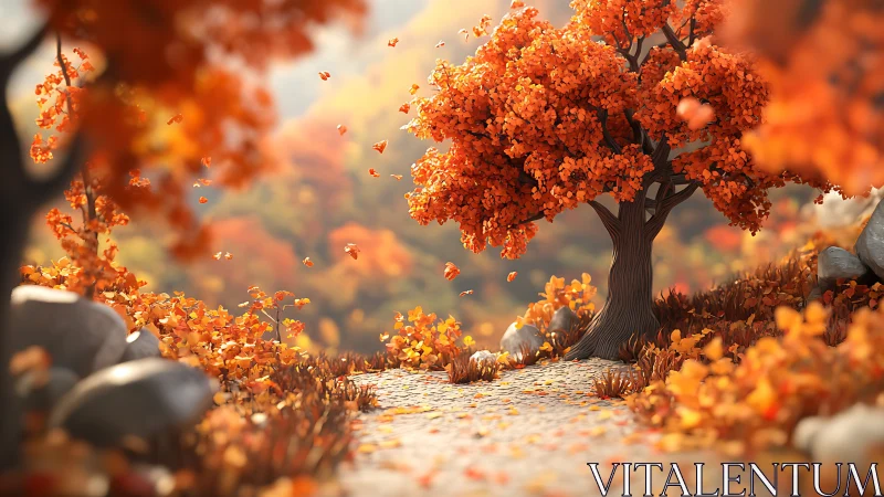 Autumn forest path with orange trees in soft focus light.