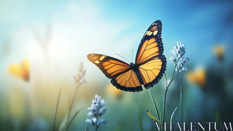 Monarch butterfly poised on wildflower in soft dawn glow.
