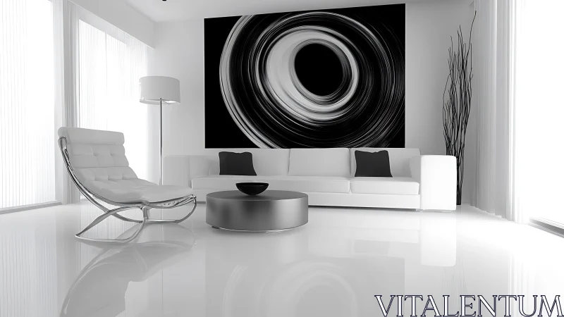 Calm monochrome living room with bold swirling artwork.