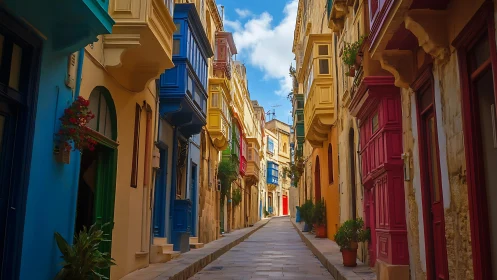 Colorful narrow Mediterranean street with vivid facades.