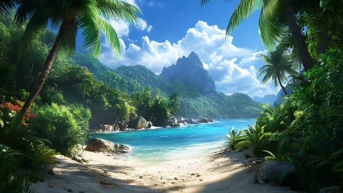 Tropical Paradise Beach with Lush Palms and Mountains.