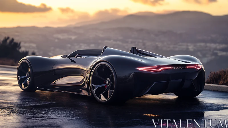 Sleek concept roadster glides into a glowing mountain sunset