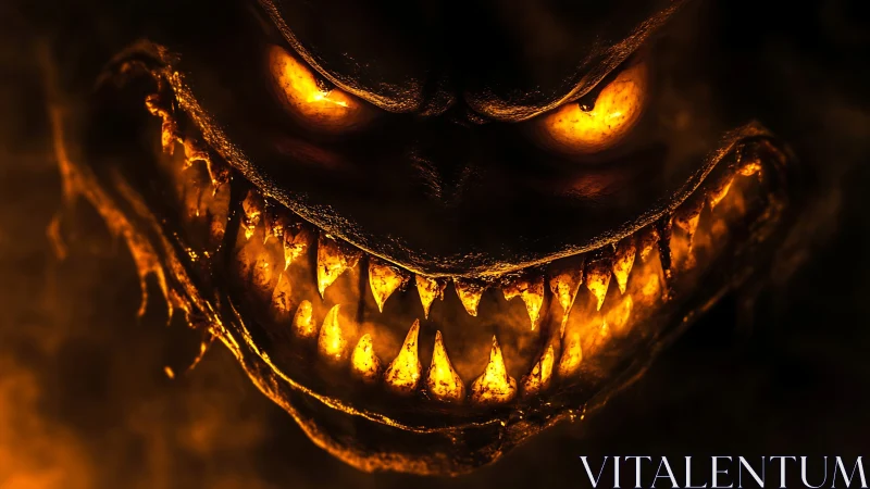 Demonic jack o&rsquo; lantern face glows with menacing fire.