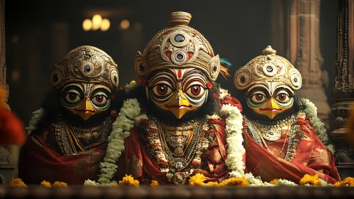 Regal ceremonial bird deities share a glowing temple moment