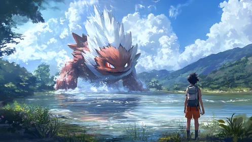 Colossal creature emerges before lone hiker in luminous lakescape