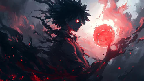 Stormlit sorcerer holding a swirling crimson power orb.