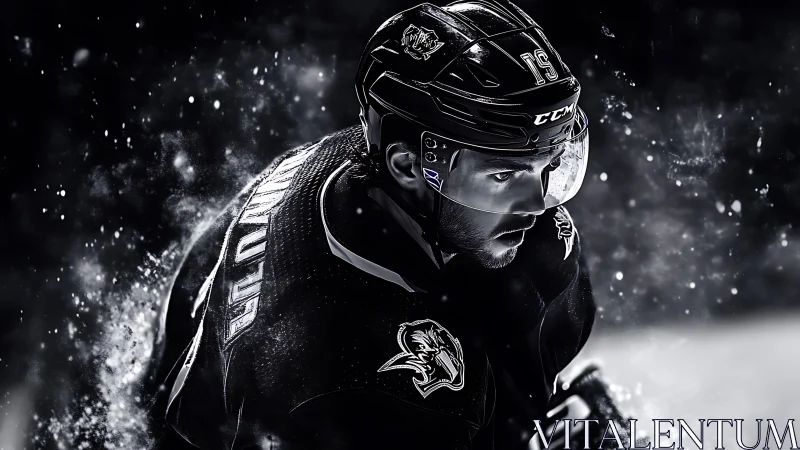 Monochrome high-intensity ice hockey portrait in motion blur.