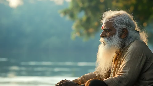 Soft morning contemplation by the riverside elder sage.
