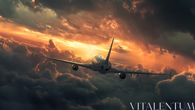 Commercial jet aircraft over dense clouds at sunset sky.