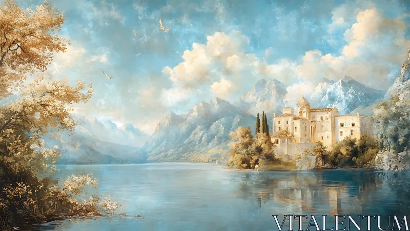 Sunlit lakeside castle nestles softly among misty blue peaks