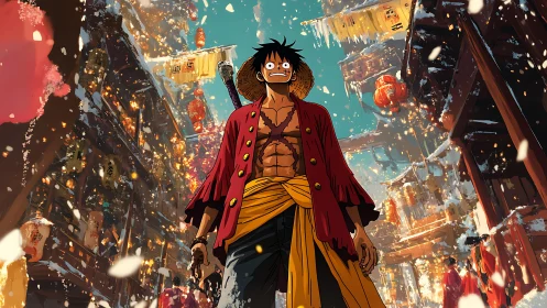 Anime winter street scene in dynamic low-angle composition.