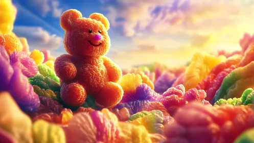 Gummy bear rendered against colorful crystal formations in saturated landscape