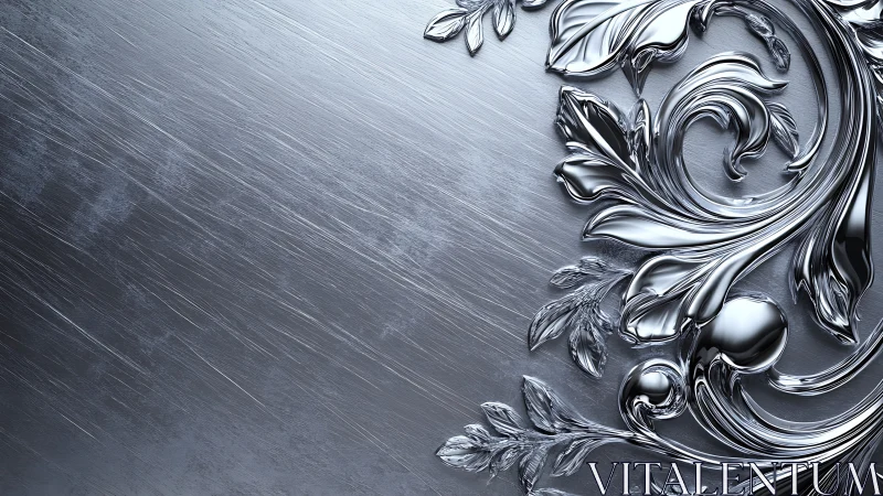 Polished silver floral relief curves across brushed metal field