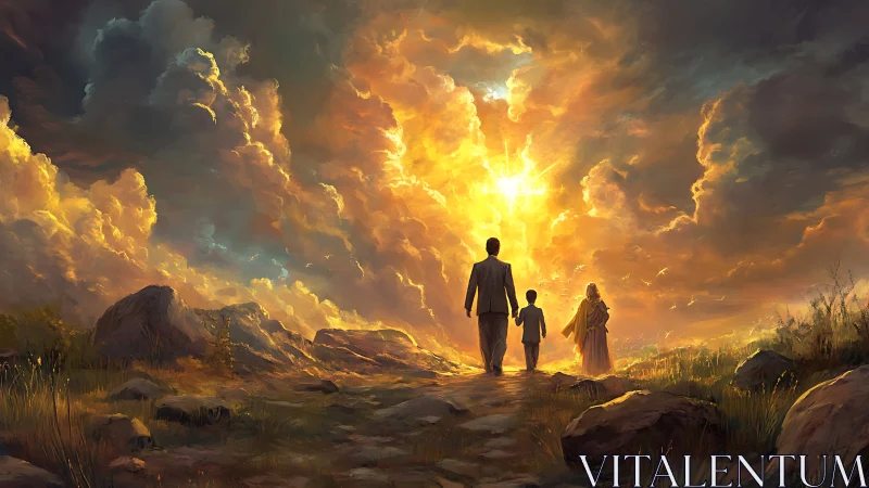 Family walks into a blazing horizon of hopeful golden sky.