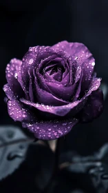 Purple Rose with Dewdrops Against Dark Background.