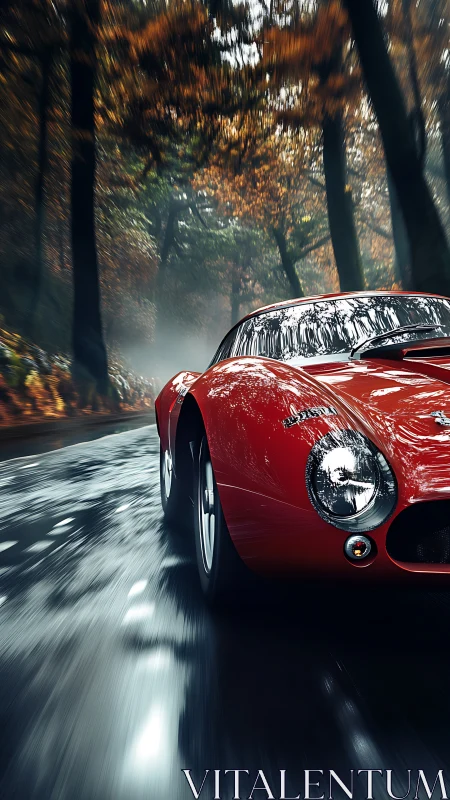 Red classic sports car on wet forest road in motion.