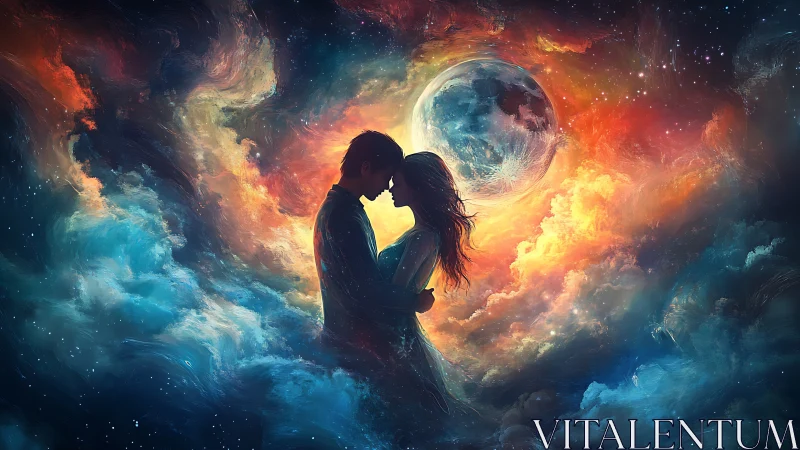 Couple Kissing Against Cosmic Space and Planet.