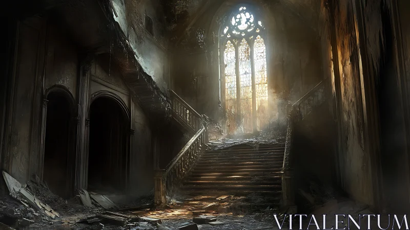 Ruined grand staircase breathing light through stained glass.