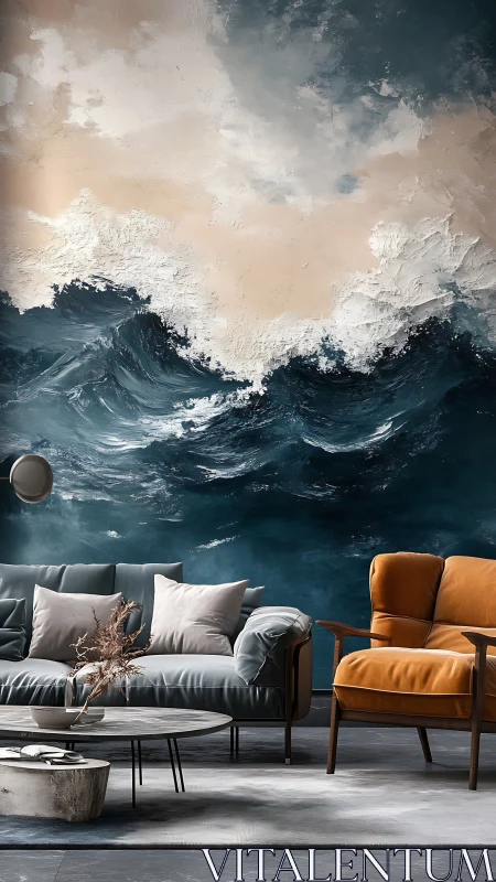 Textured ocean mural anchors contemporary lounge with tonal contrast