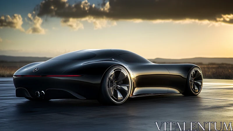 Sleek black concept coupe gliding into a soft sunset horizon.