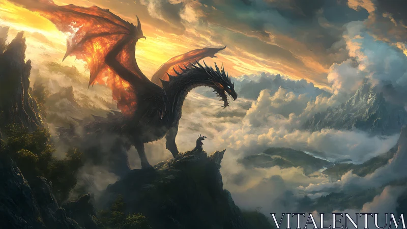 Colossal dragon dominates sunlit alpine cloudscape panorama.