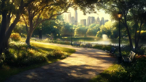 Sunlit city park promenade with tranquil lakeside view.