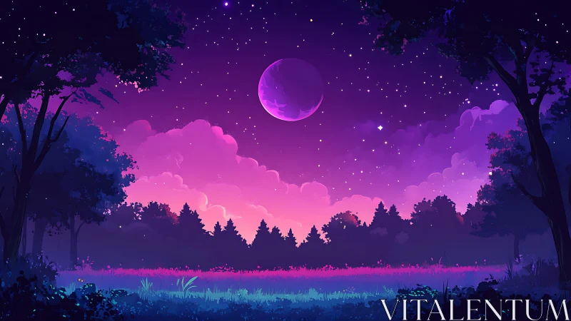 Twilight forest clearing under star field and distant moon.