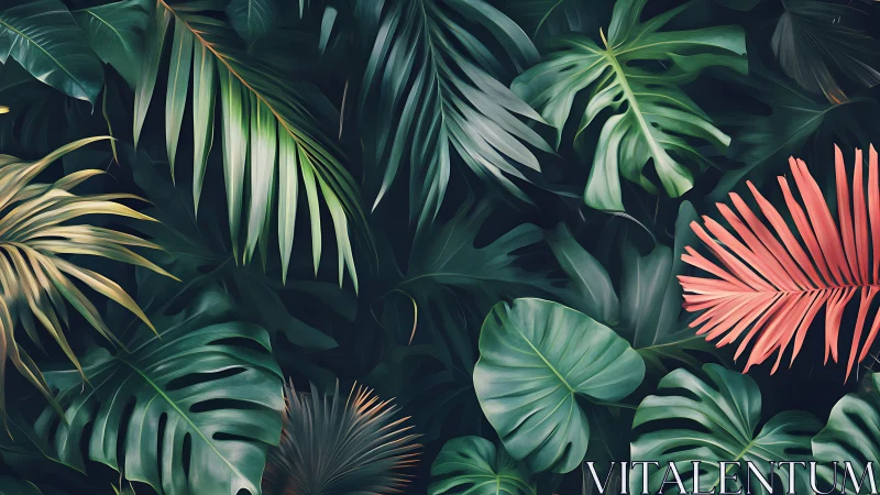 Tropical foliage fills frame with layered lush green leaves