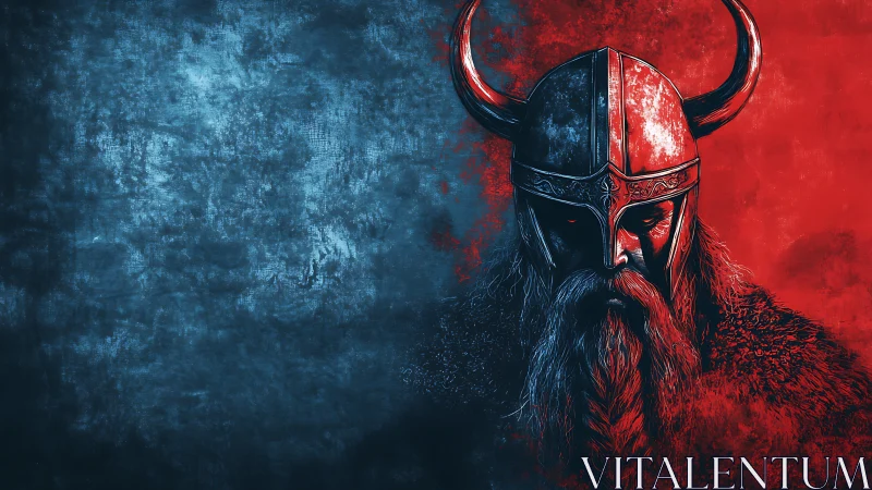 Brooding Viking warrior in split red and blue portrait.