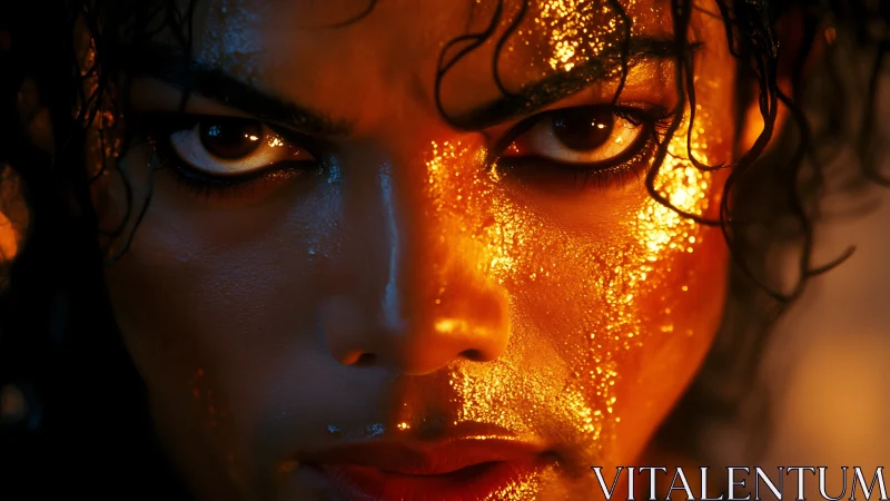 Close frontal portrait with metallic gold facial highlights.