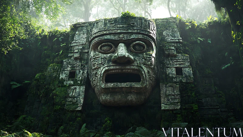Monumental stone jungle idol with eroded relief geometry and moss