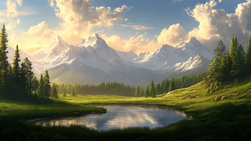 Sunlit alpine lake below snow-capped conifer mountainscape.