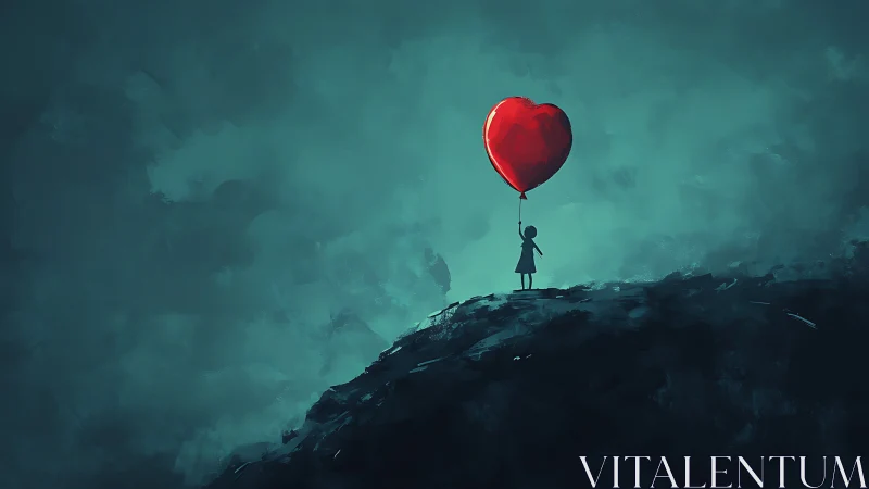 Silhouetted figure holding red heart-shaped balloon against teal sky