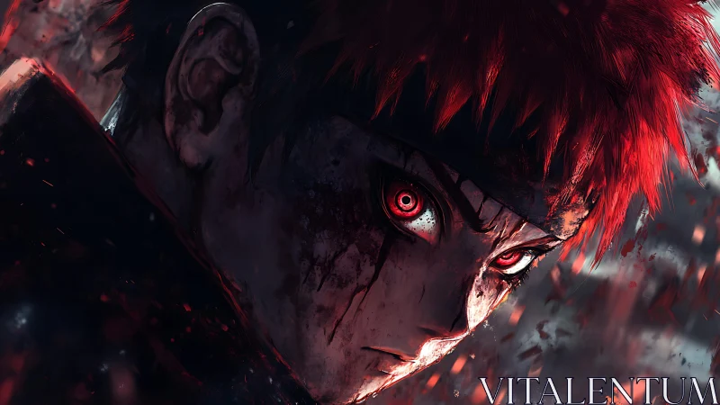 Fierce red‑eyed warrior rising through embers and shadow.