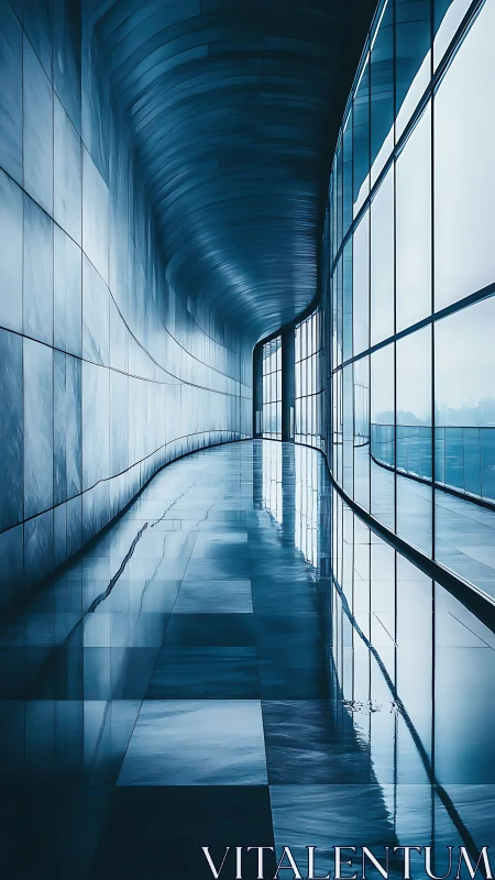 Curved glass corridor with reflective marble flooring and soft skylight